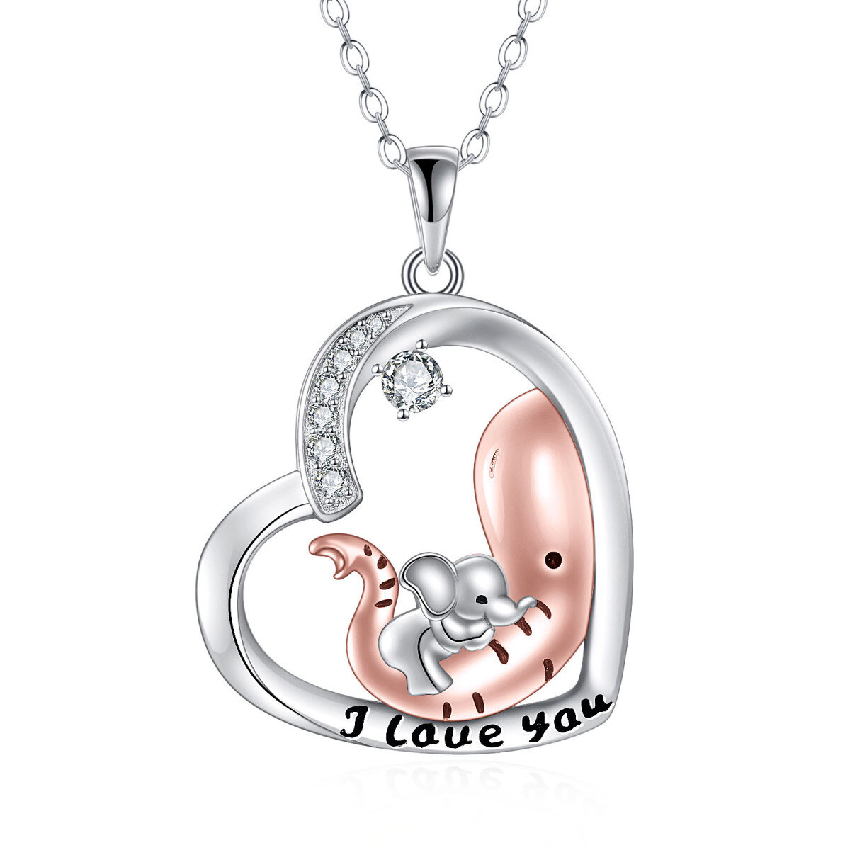 Sterling Silver Two-tone Round Cubic Zirconia Elephant Pendant Necklace-1