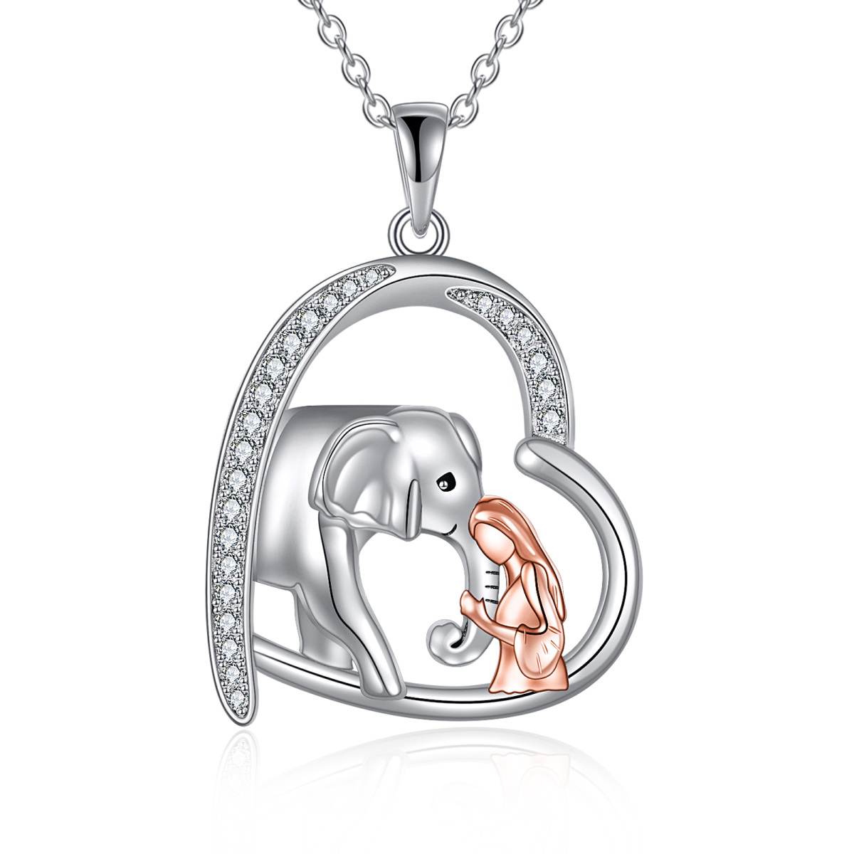 Sterling Silver Two-tone Round Zircon Elephant Pendant Necklace-1