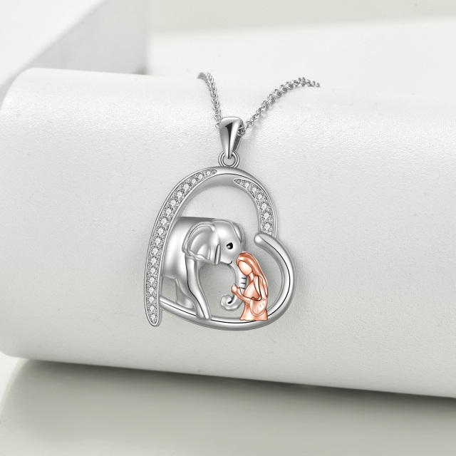 Sterling Silver Two-tone Round Zircon Elephant Pendant Necklace-2