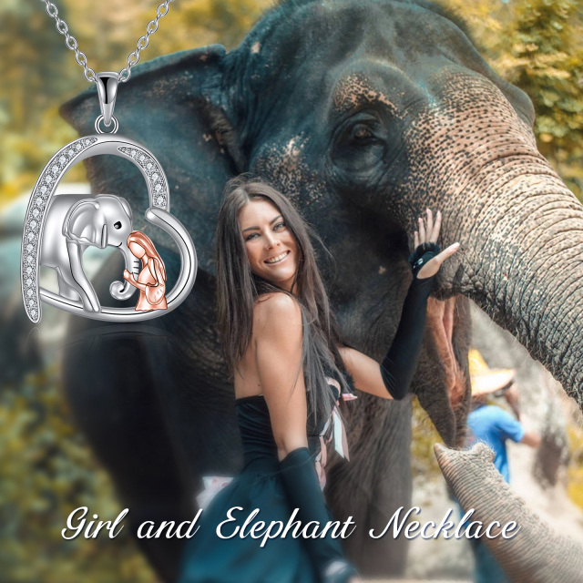 Sterling Silver Two-tone Round Zircon Elephant Pendant Necklace-6