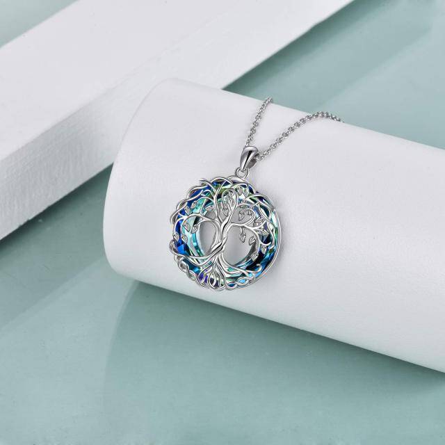 Sterling Silver Circular Shaped Tree Of Life Crystal Pendant Necklace-4