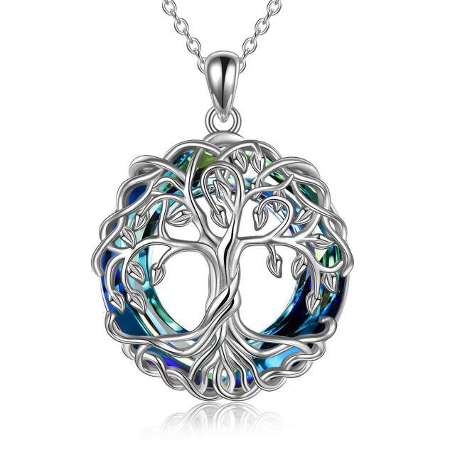 Sterling Silver Circular Shaped Tree Of Life Crystal Pendant Necklace-0