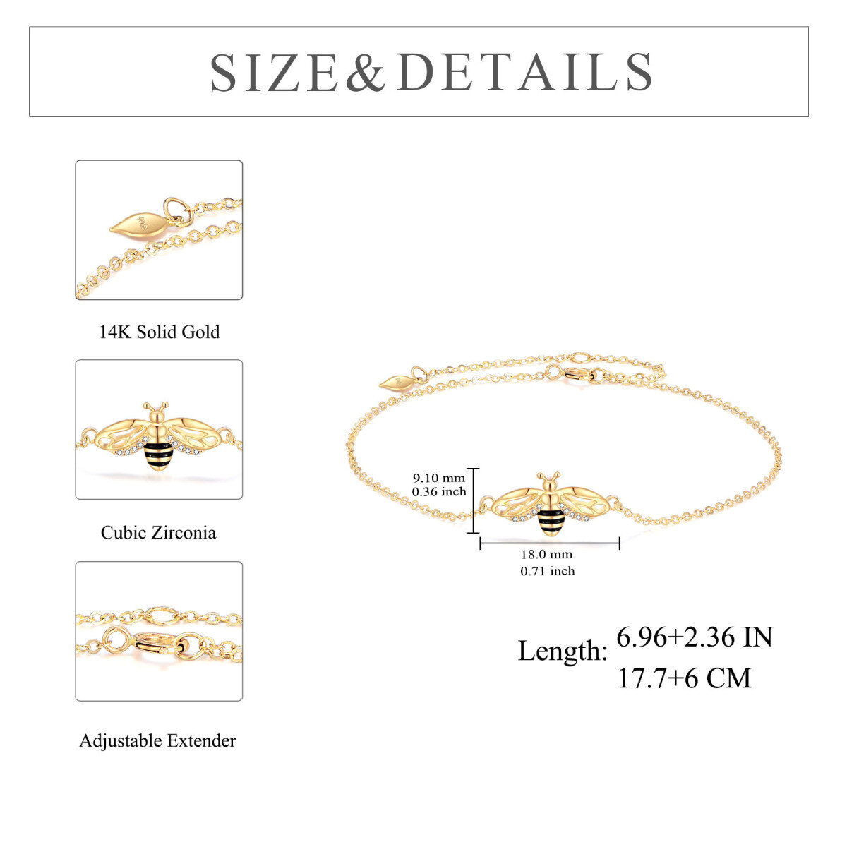 14K Gold Cubic Zirconia Bees Pendant Bracelet-5