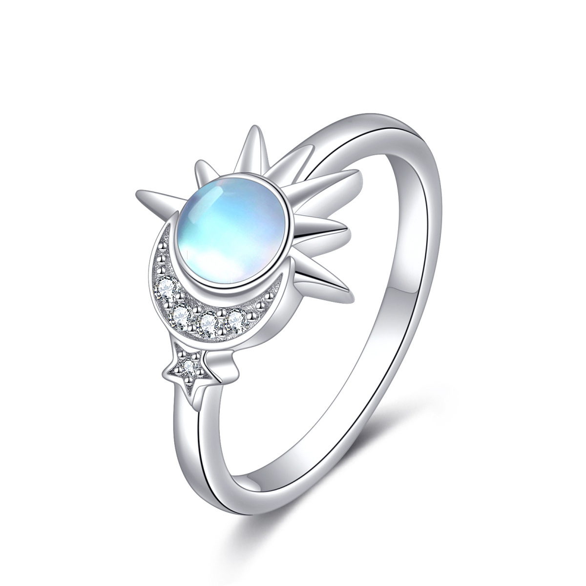 Sterling Silver Round Moonstone Moon & Sun Ring-1