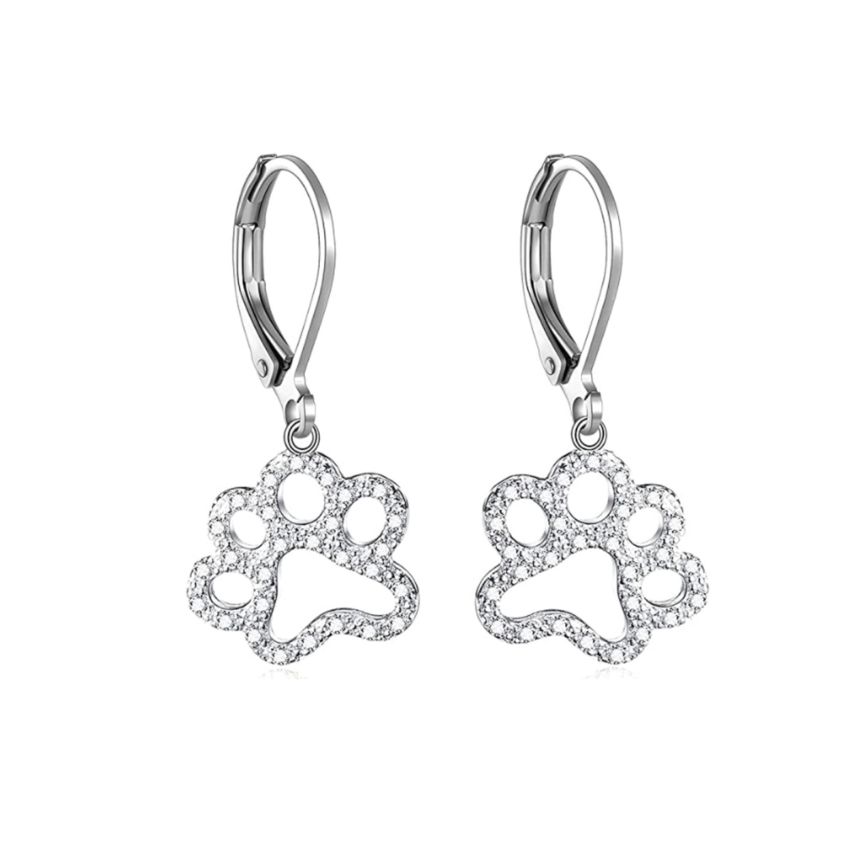 Sterling Silver Cubic Zirconia Paw Lever-back Earrings-1