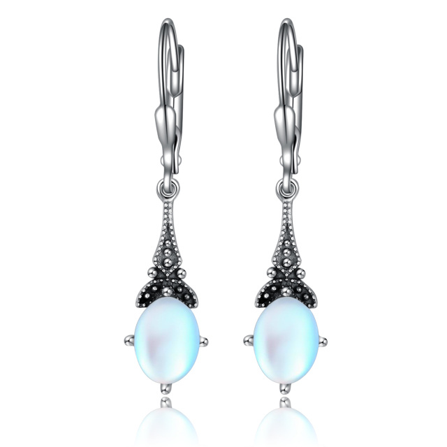 Sterling Silver Oval Moonstone Drop Shape Lever-back Earrings-1