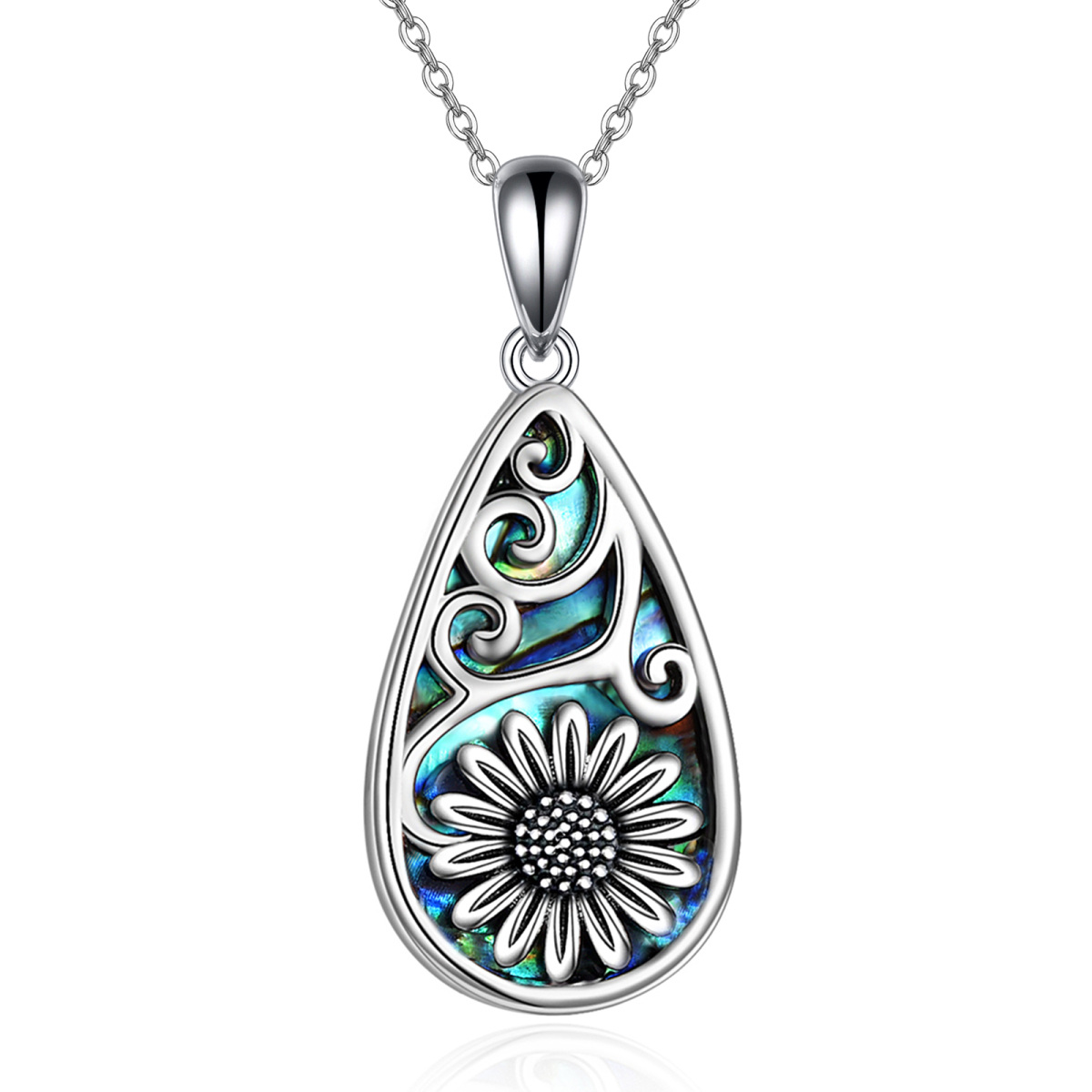 Sterling Silver Abalone Shellfish Sunflower & Drop Shape Pendant Necklace-1