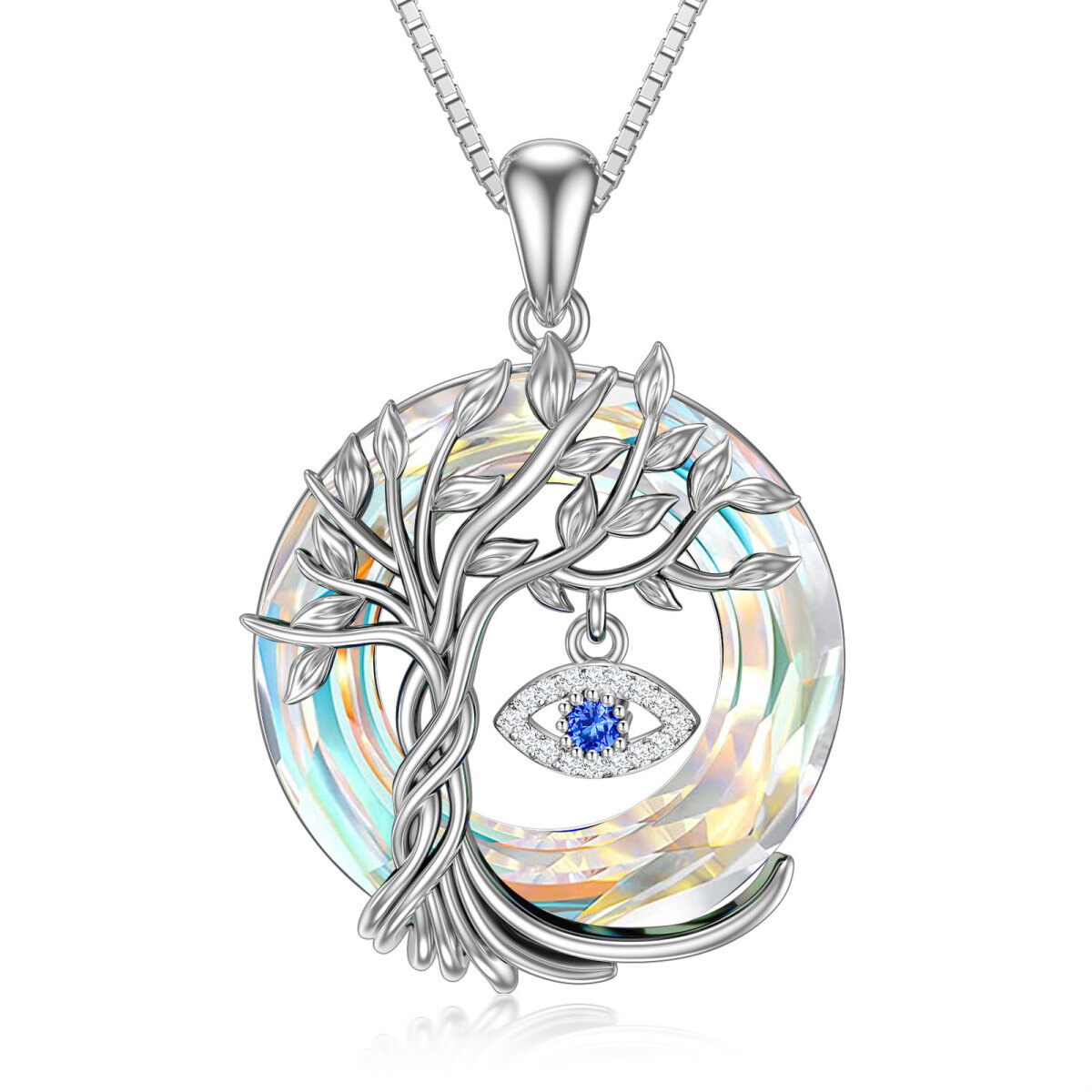 Sterling Silver Circular Shaped Tree Of Life & Evil Eye Crystal Pendant Necklace-1