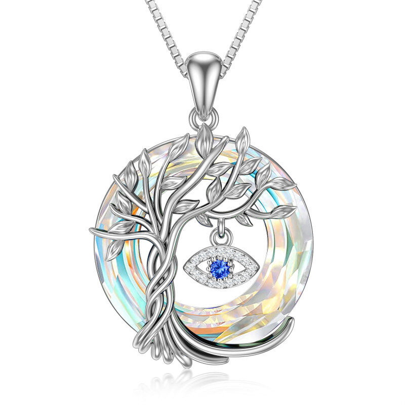 Sterling Silber kreisförmige Baum des Lebens & Evil Eye Kristall Anhänger Halskette
