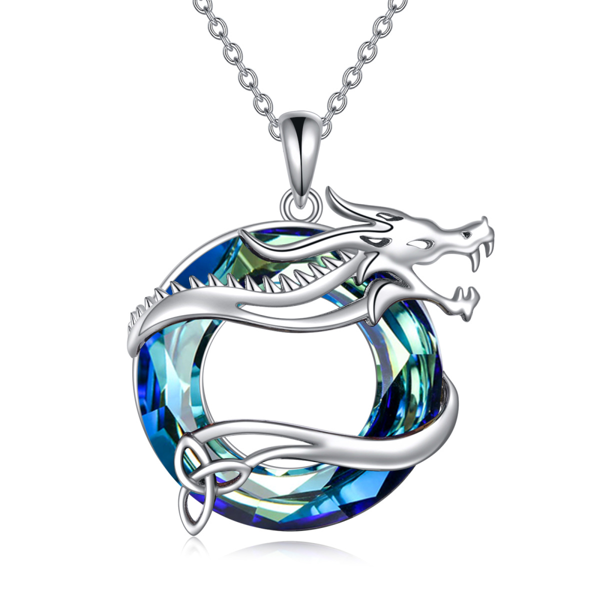Sterling Silver Circular Shaped Dragon Crystal Pendant Necklace-1
