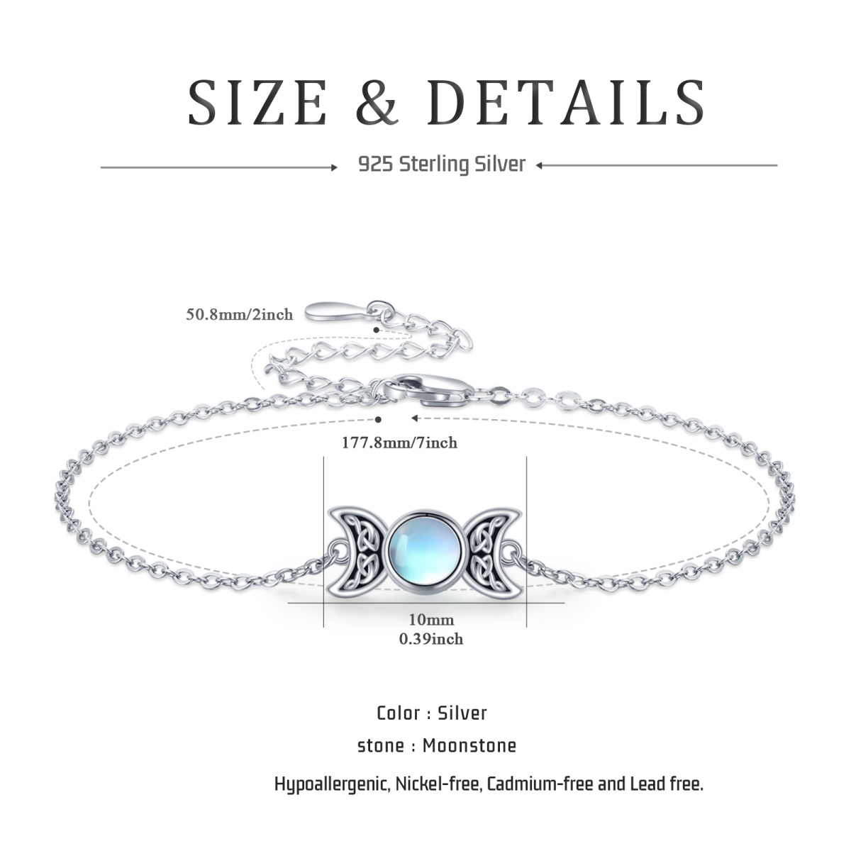 Sterling Silver Round Moonstone Celtic Knot & Triple Moon Goddess Pendant Bracelet-8