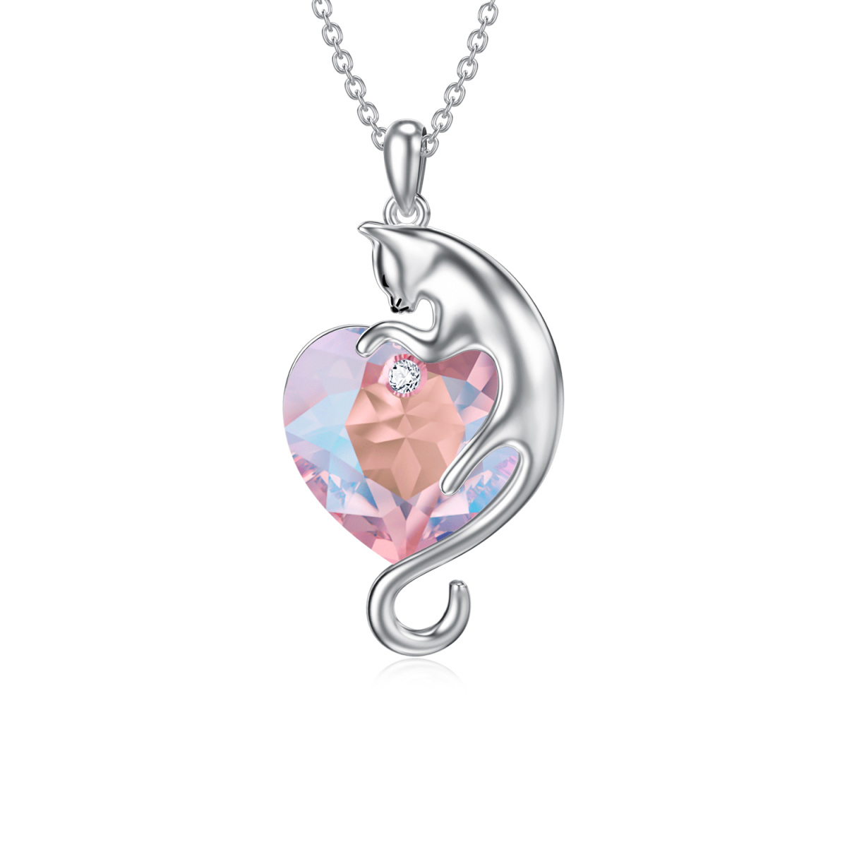 Collar de plata de ley con forma de corazón de gato y colgante de corazón de cristal-1