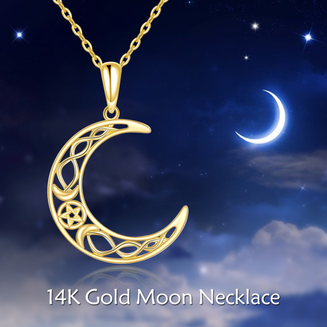 14K Gold Keltischer Knoten Mond & Pentagramm Anhänger Halskette-4