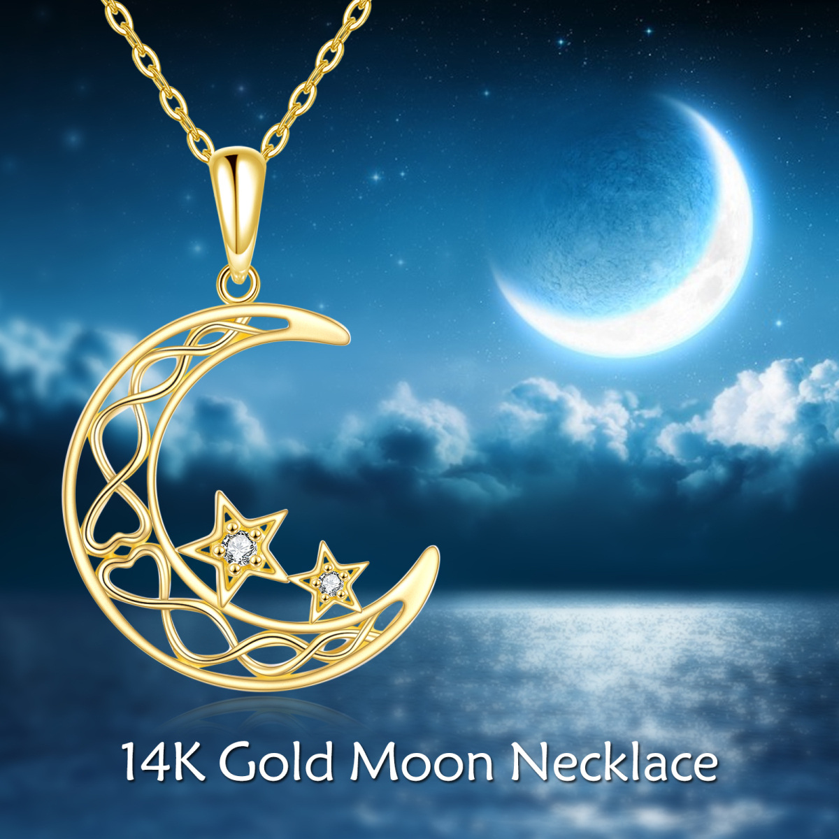 14K Gold Circular Shaped Cubic Zirconia Moon & Star Pendant Necklace-6