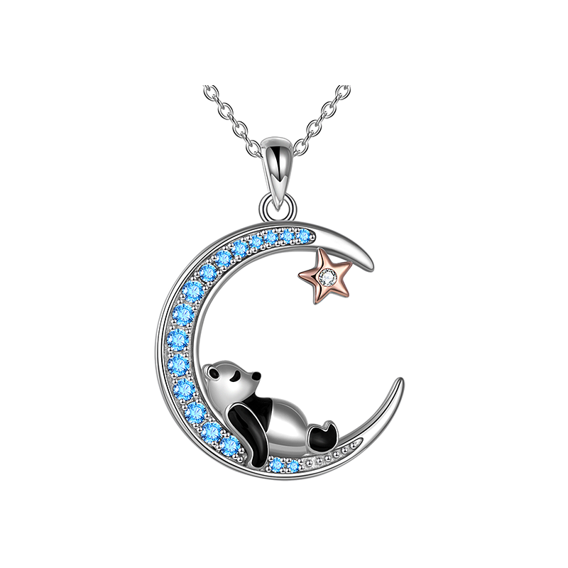 Sterling Silver Two-tone Cubic Zirconia Panda & Moon & Star Pendant Necklace-1