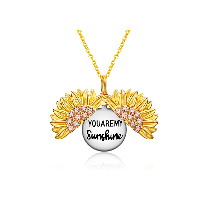 Sterling Silver Two-tone Sunflower Pendant Locket Necklace Engraved You Are My Sunshine