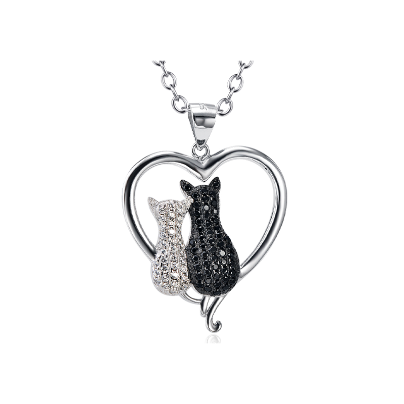Sterling Silver Two-tone Round Zircon Cat & Heart Pendant Necklace-1