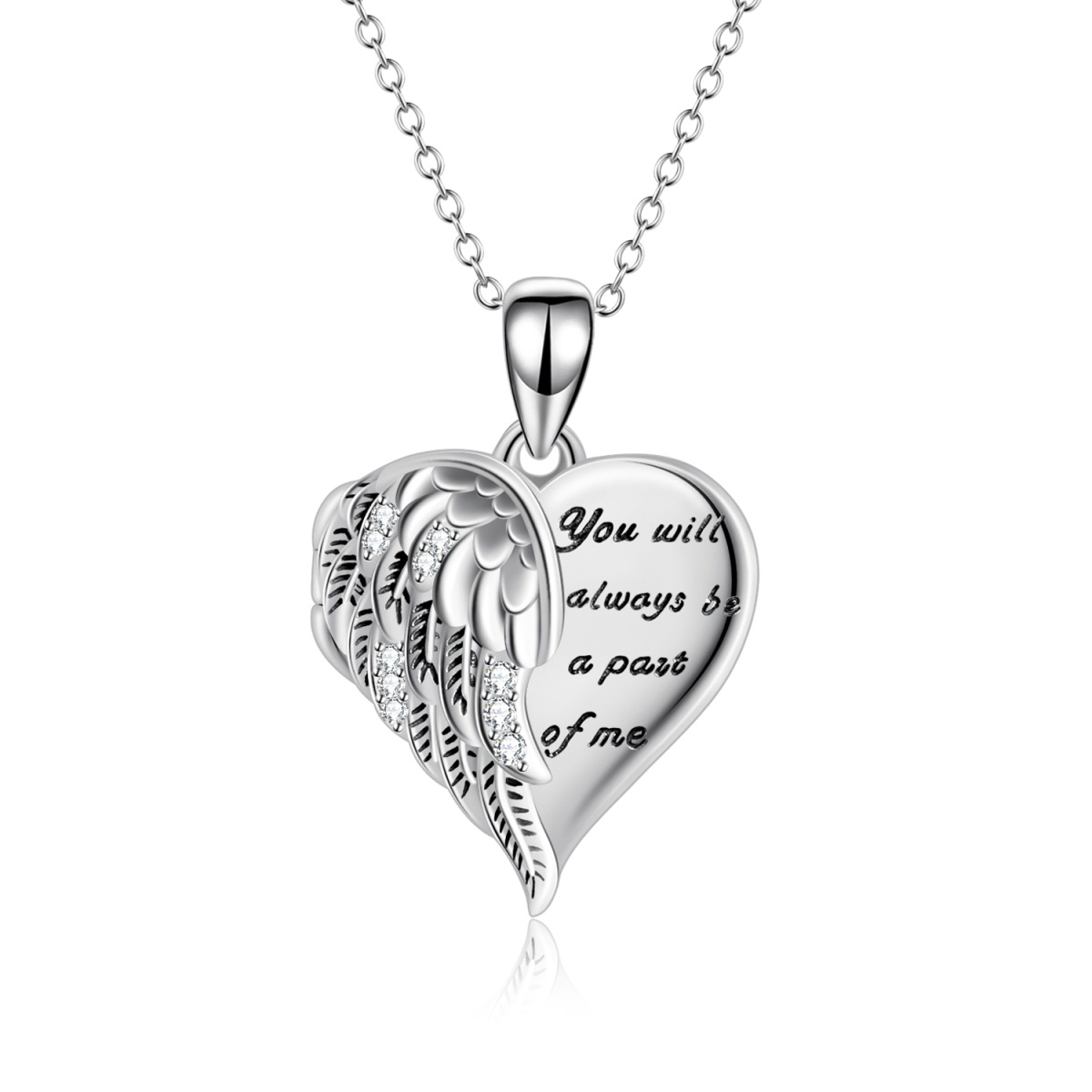 Sterling Silver Heart Angel Wing Personalized Photo Locket Necklace with Engraving Word-1