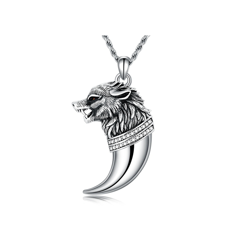 Sterling Silver Circular Shaped Cubic Zirconia Wolf Pendant Necklace-1