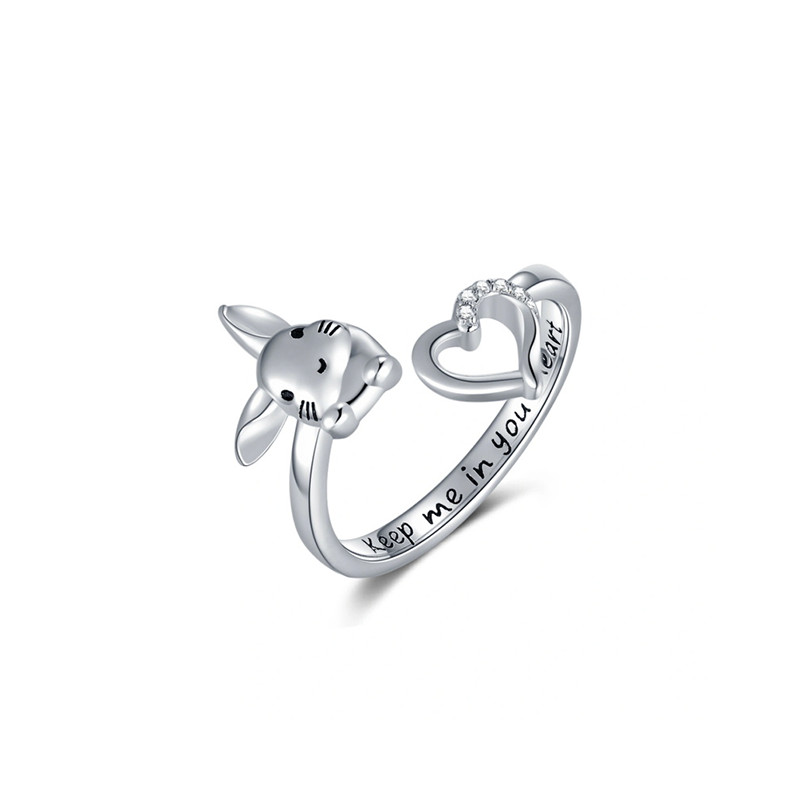 Sterling Silver Circular Shaped Cubic Zirconia Rabbit & Heart Open Ring with Engraved Word-1