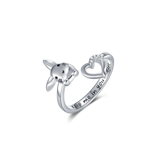 Sterling Silver Circular Shaped Cubic Zirconia Rabbit & Heart Open Ring with Engraved Word