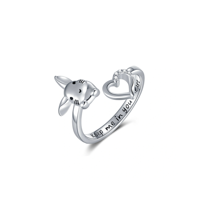 Sterling Silver Circular Shaped Cubic Zirconia Rabbit & Heart Open Ring with Engraved Word-0