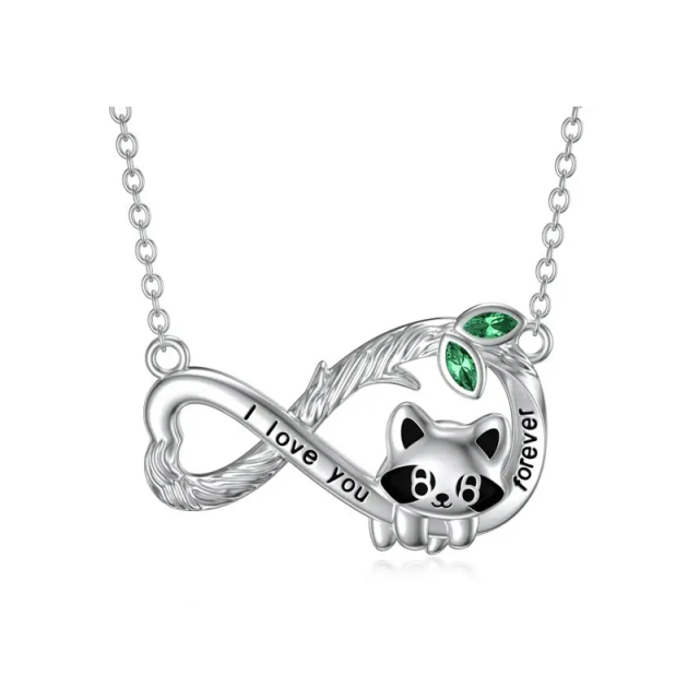Sterling Silver Cubic Zirconia Raccoon & Infinity Symbol Pendant Necklace with Engraved Word-1