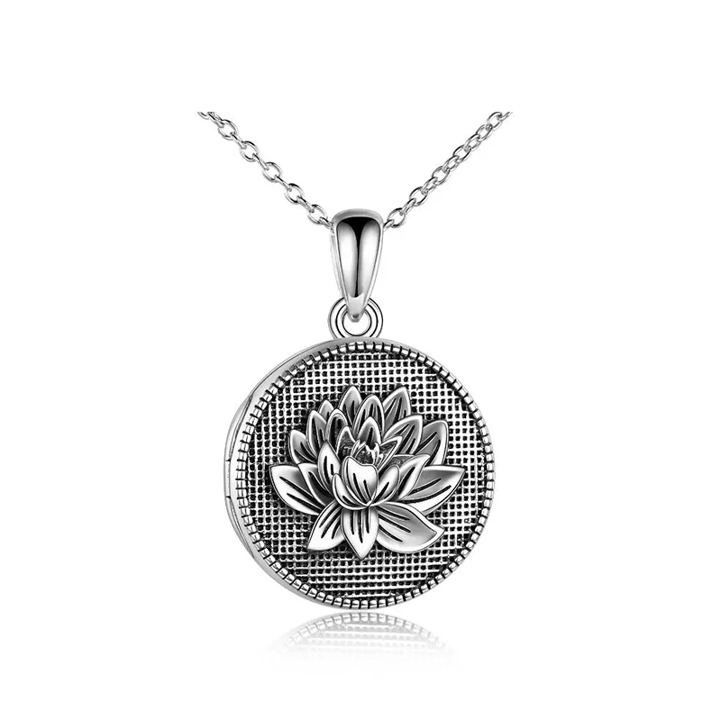 Collar de plata de ley con loto y foto personalizada Personalized Photo Locket Necklace-1