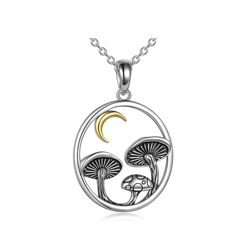 Sterling Silver Two-tone Mushroom & Moon Round Pendant Necklace-1