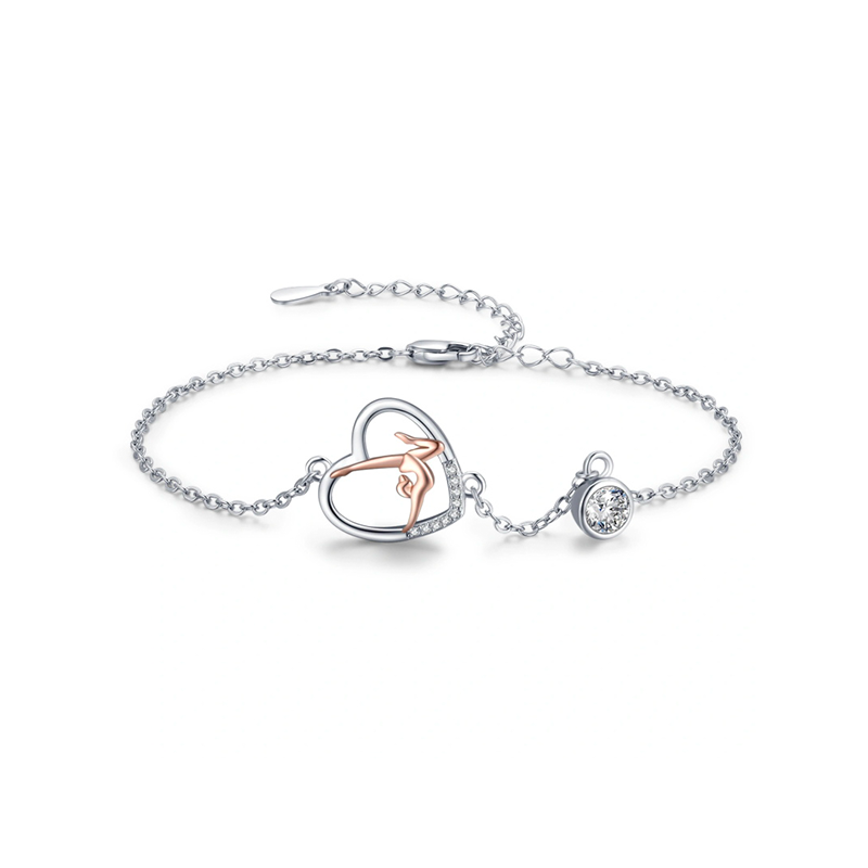 Sterling Silver Two-tone Circular Shaped Zircon Gymnastics Pendant Bracelet-1