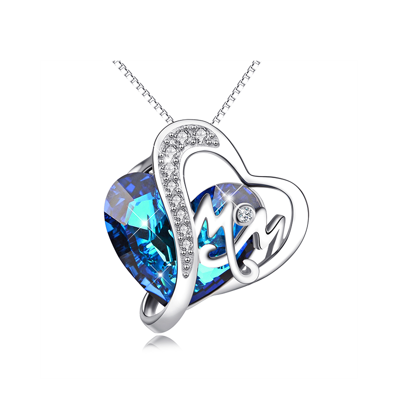 Sterling Silver Heart Shaped Heart Crystal Pendant Necklace with Engraved Word-1
