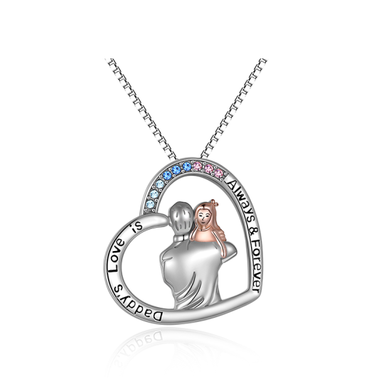 Sterling Silver Two-tone Crystal Father & Daughtern Heart Pendant Necklace with Engraved Word