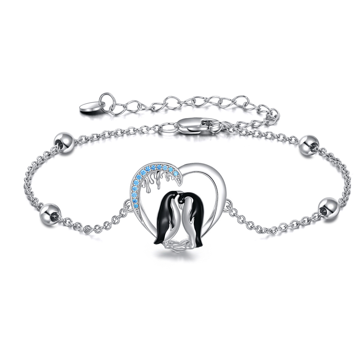 Pulsera de plata de ley bicolor con circonitas, pingüino y corazón-1