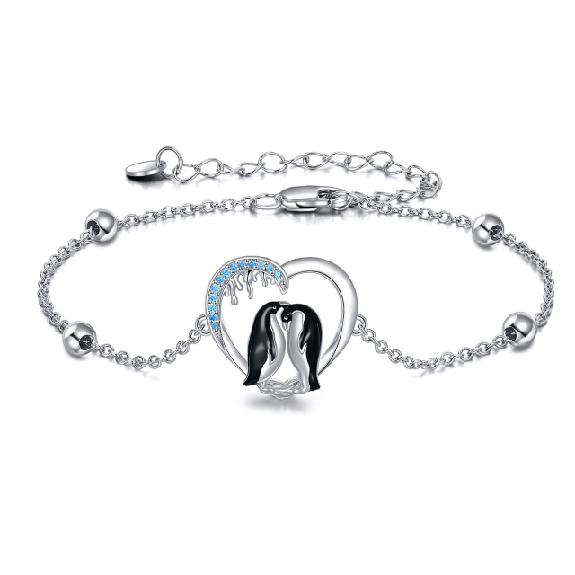 Bracelet en argent sterling avec pendentif cœur et pingouin en zircon bicolore-0