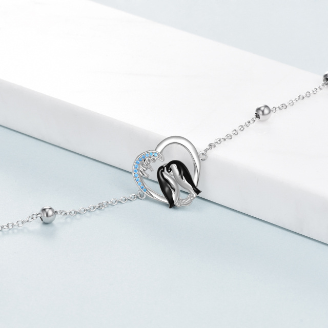Sterling Silver Two-tone Zircon Penguin & Heart Pendant Bracelet-3