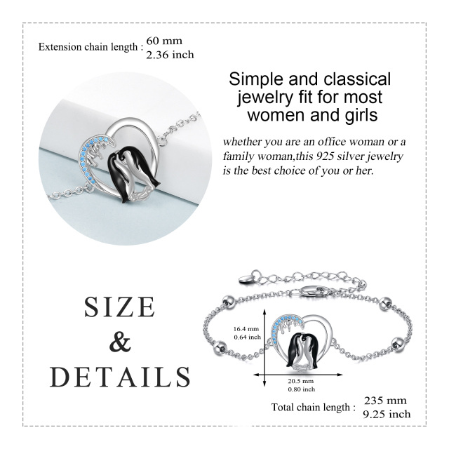 Sterling Silver Two-tone Zircon Penguin & Heart Pendant Bracelet-4