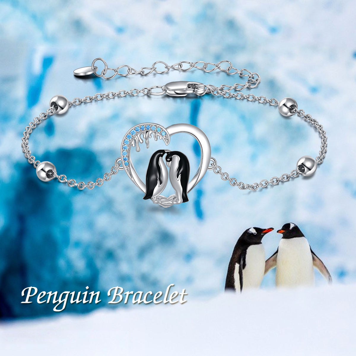 Pulsera de plata de ley bicolor con circonitas, pingüino y corazón-6