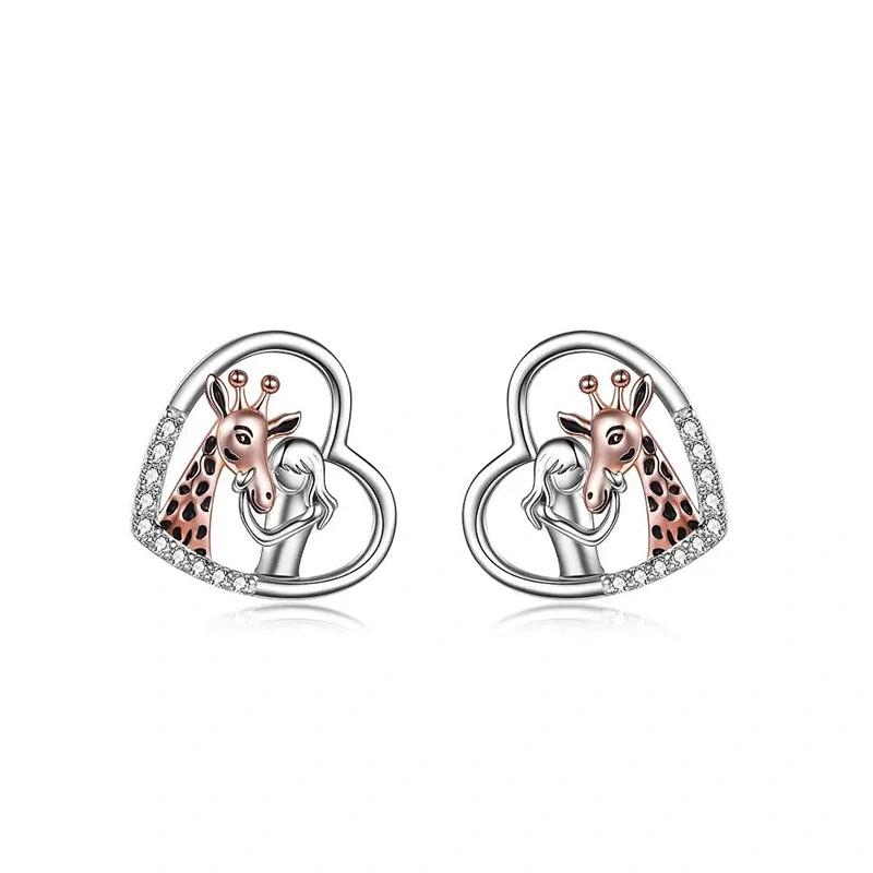 Sterling Silver Two-tone Cubic Zirconia Giraffe & Heart Stud Earrings-1