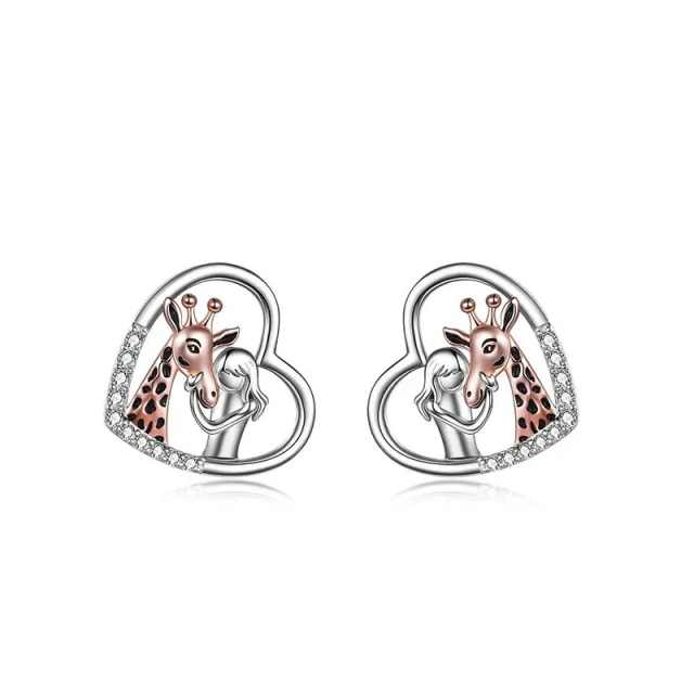 Boucles d'oreilles en argent sterling bicolore Girafe et coeur en zircon cubique-0