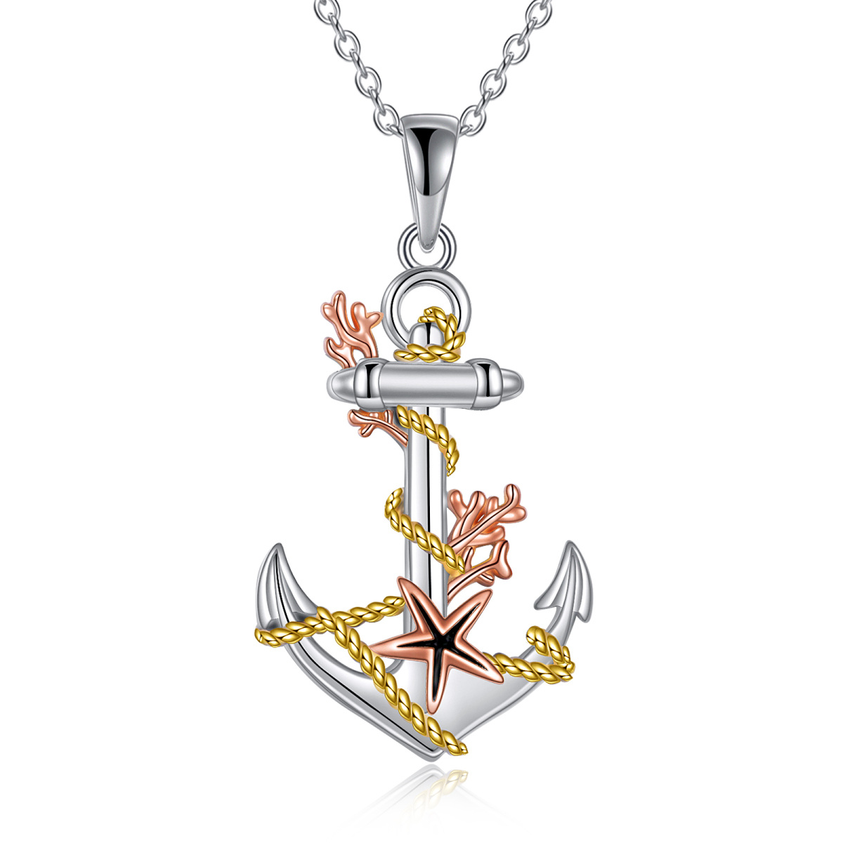 Sterling Silver Tri-tone Starfish & Anchor Pendant Necklace-1