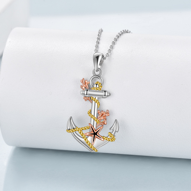Sterling Silver Tri-tone Starfish & Anchor Pendant Necklace-2