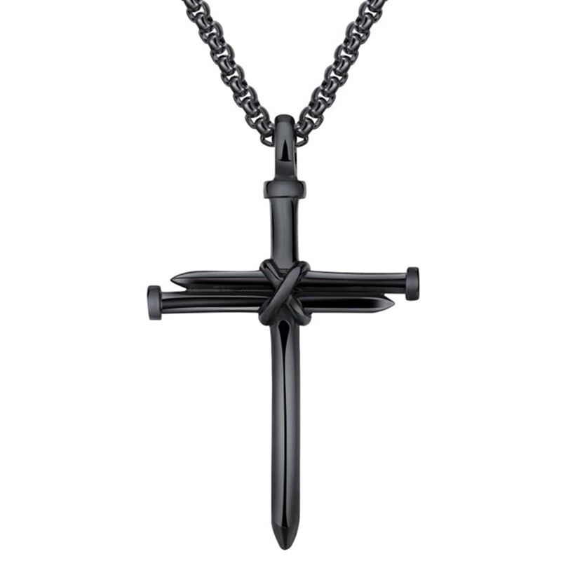 Sterling Silver with Black Rhodium Nail Cross Pendant Necklace-1