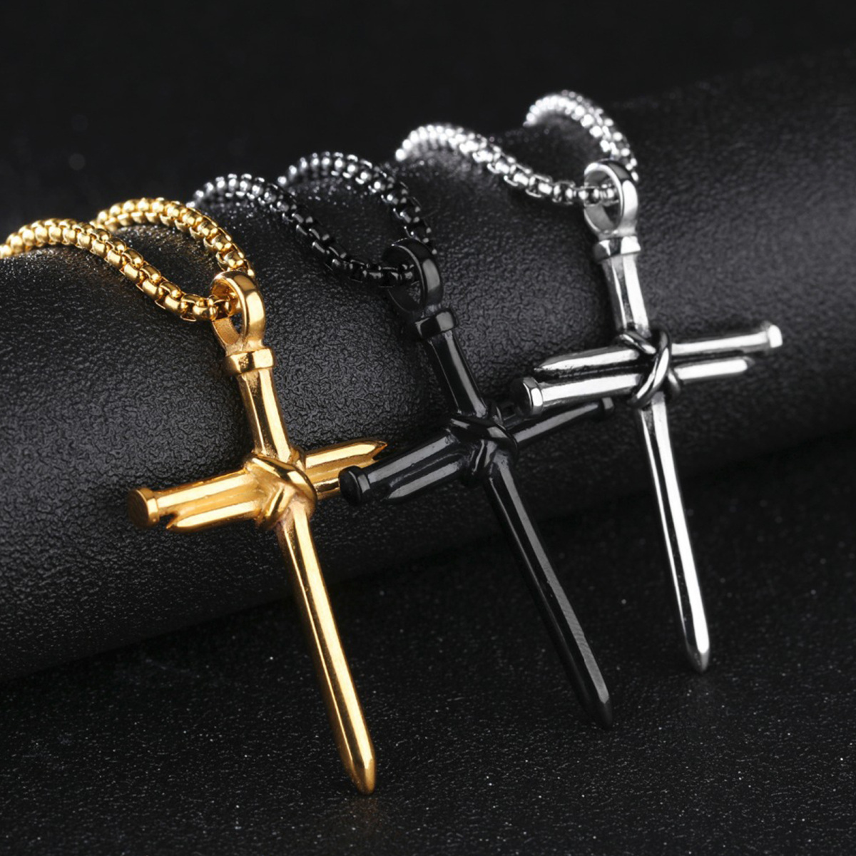 Sterling Silver with Black Rhodium Nail Cross Pendant Necklace-5