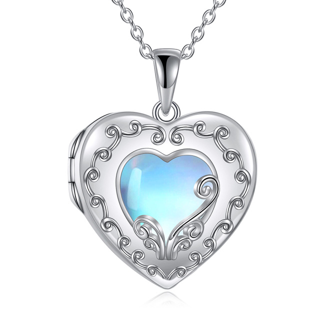 Sterling Silver Heart Moonstone Heart Personalized Photo Locket Necklace with Engraved Word-1