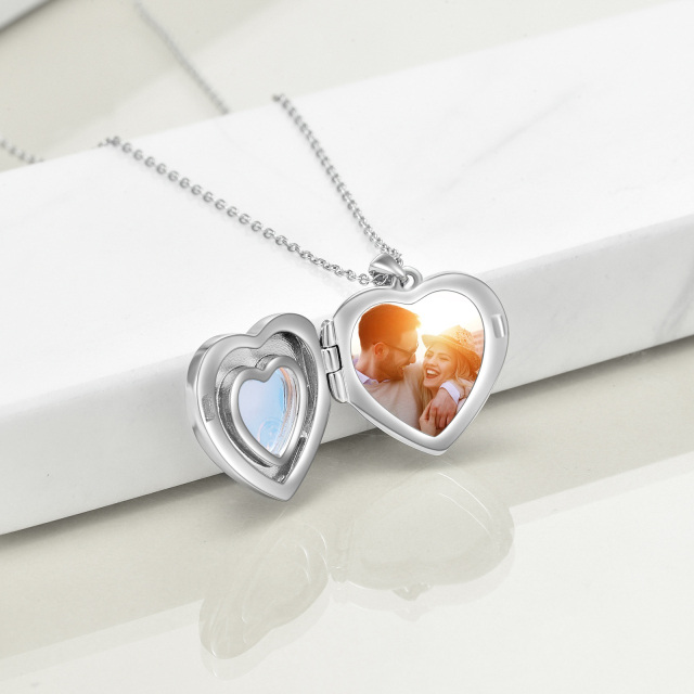Sterling Silver Heart Moonstone Heart Personalized Photo Locket Necklace with Engraved Word-4