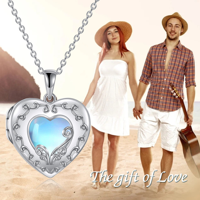 Sterling Silver Heart Moonstone Heart Personalized Photo Locket Necklace with Engraved Word-3