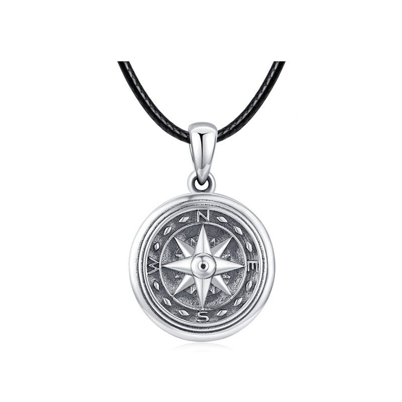 Sterling Silver Compass Personalized Photo Locket Necklace with Black Rope Chain-1