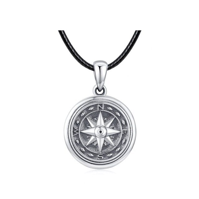 Sterling Silver Compass Personalized Photo Locket Necklace with Black Rope Chain-0