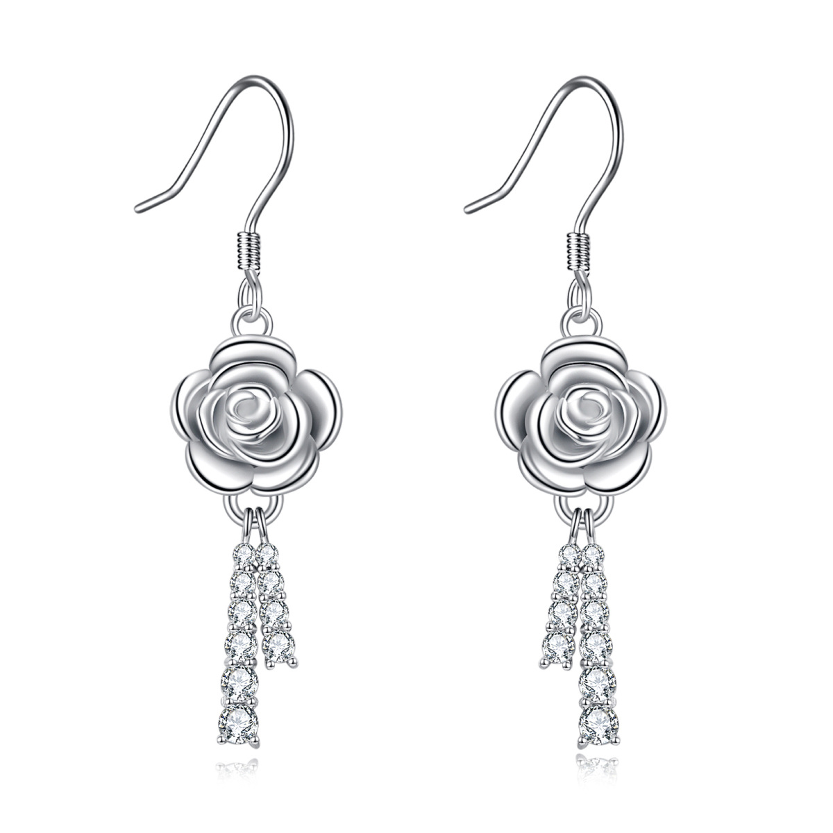 Sterling Silver Circular Shaped Cubic Zirconia Rose Drop Earrings-1