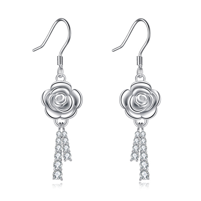 Sterling Silver Circular Shaped Cubic Zirconia Rose Tassel Drop Earrings-1